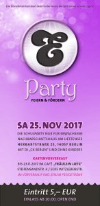 Flyer zur E-Party am 25. November 2017 im Nachbarschaftshaus am Lietzensee.