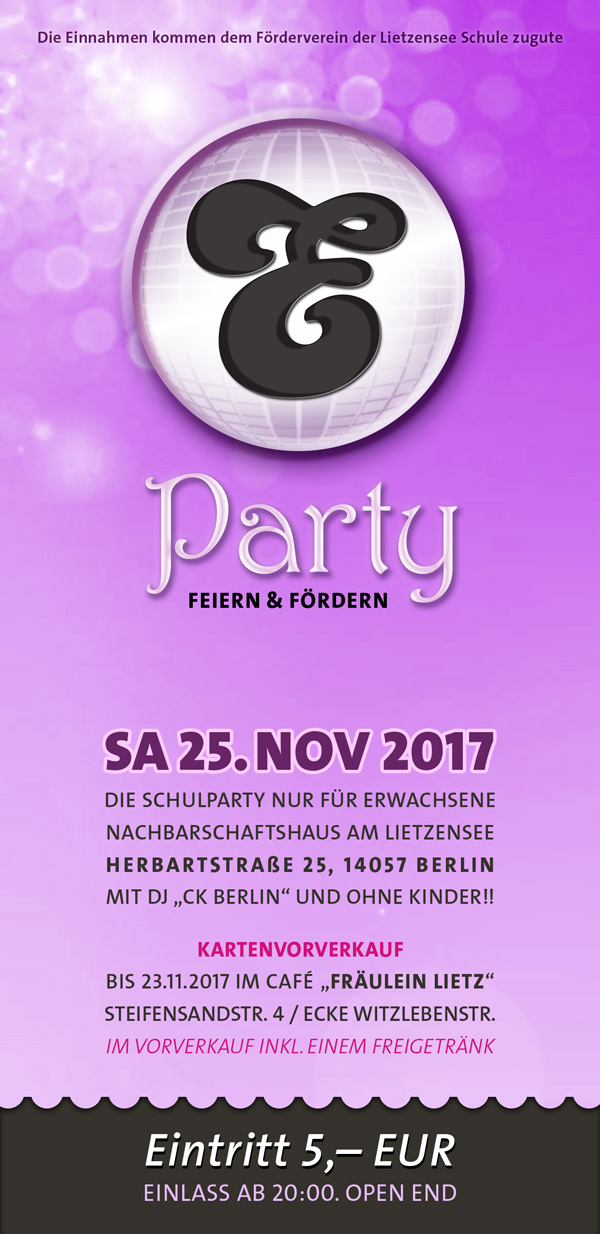 Flyer zur E-Party am 25. November 2017 im Nachbarschaftshaus am Lietzensee.